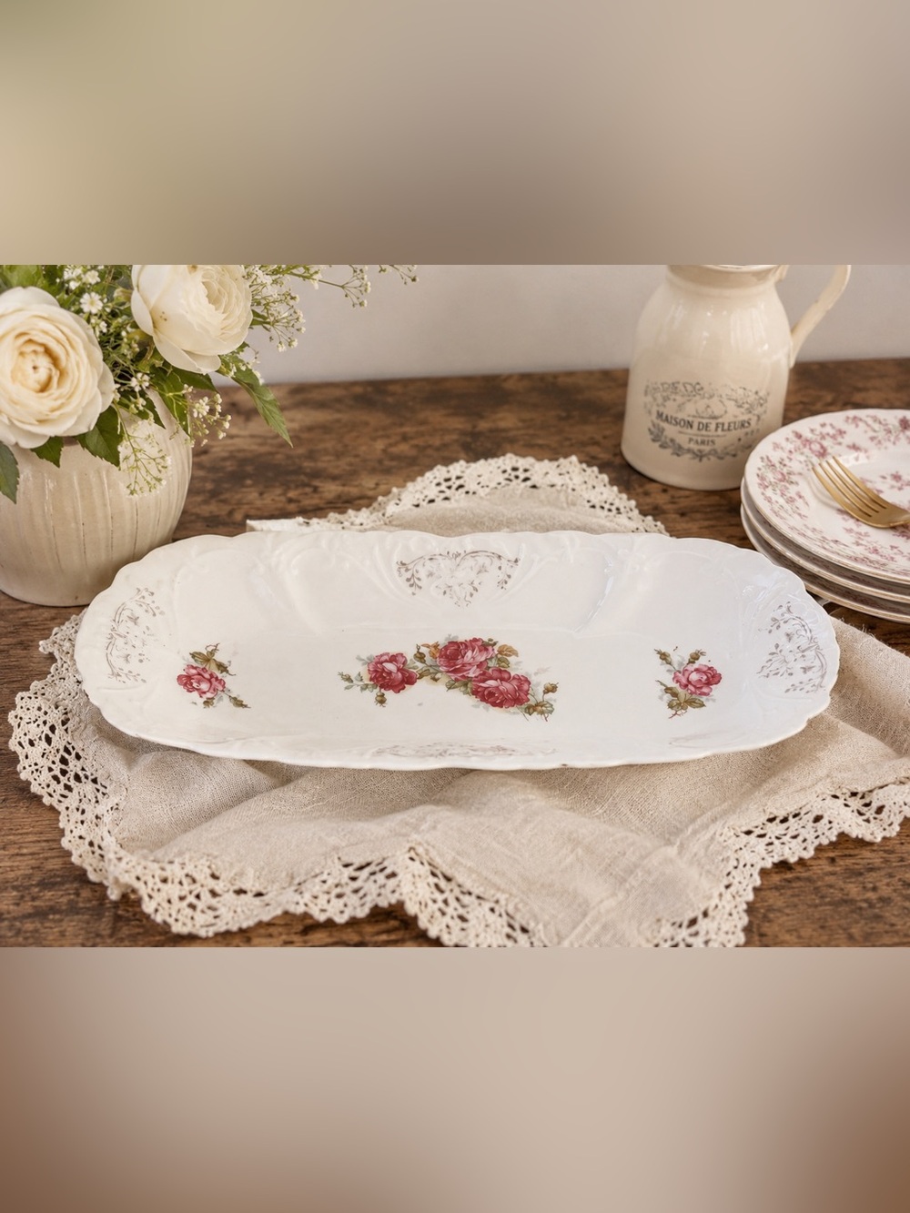 Vintage Floral Ceramic Serving Platter - White with Pink Rose Motif